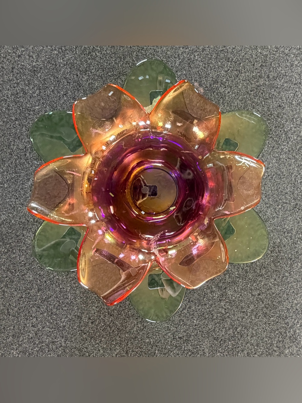 Vintage Carnival Glass 2 BOWL SET Flower Pink Green for Candy, Keys, Candles VTG